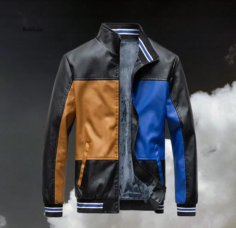 

2021 Men Winter Casual Spliced Fleece Leather Jacket Baseball Uniform Autumn Fashion Biker Vintage Warm Coat Male