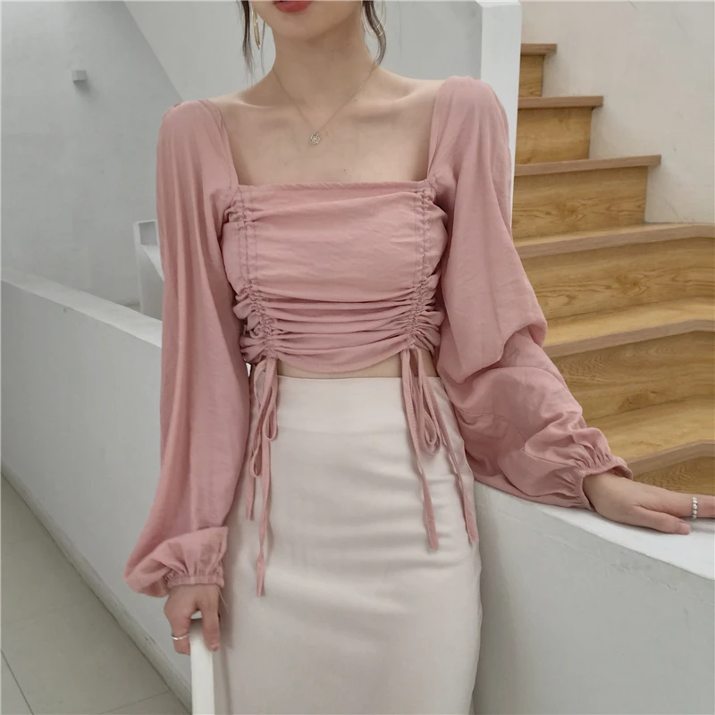 square collar long sleeve crop tops Drawstring fashion brand sweet Blouses Shirts Women's Clothing spring fall new high quality | Женская