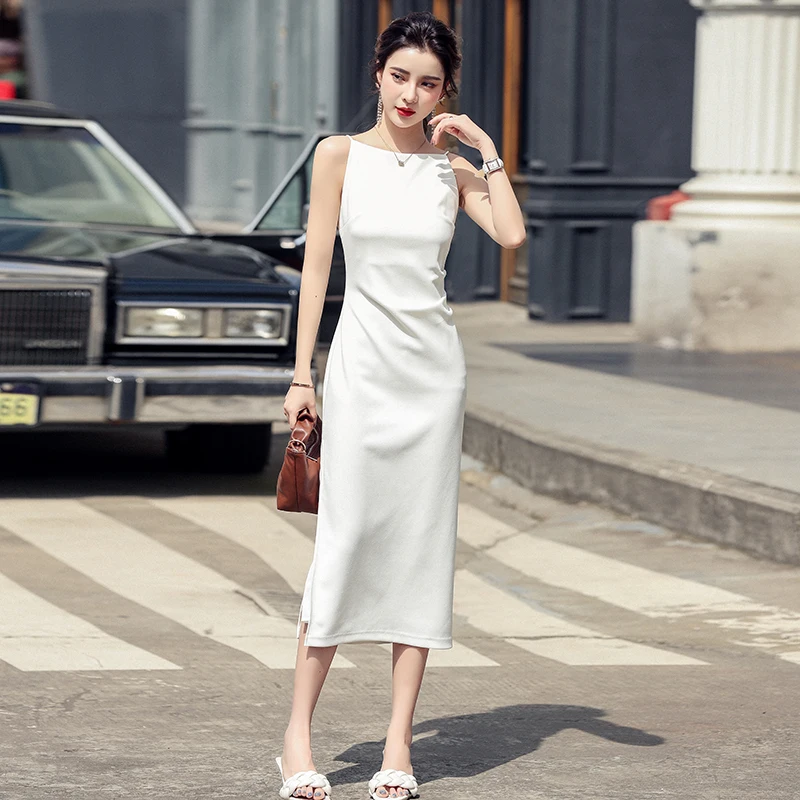 

2021 Women New Satin Sexy Dress Solid Split fork Party Dress Elegant Female Summer Temperament Strap Dress Casual