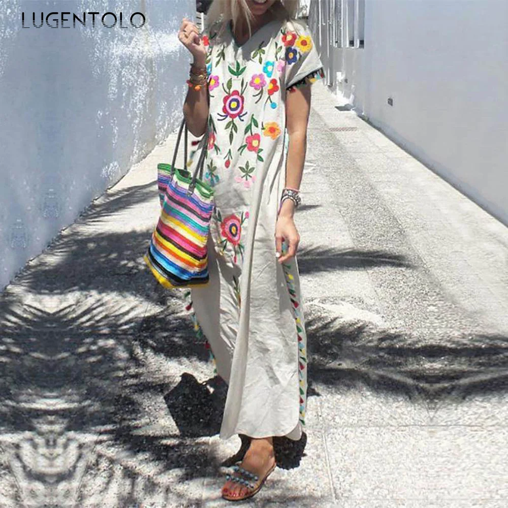 

Женское богемное платье с цветными кисточками, V-образным вырезом и коротким рукавом, женские повседневные свободные летние тонкие платья с...