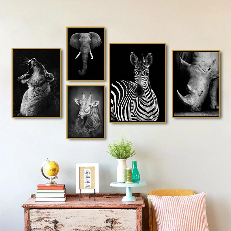 Black White Art Canvas Painting Elephant Lion Giraffe Posters Animals Wall Prints Pictures For Living Room Home Decor LB213 | Дом и сад