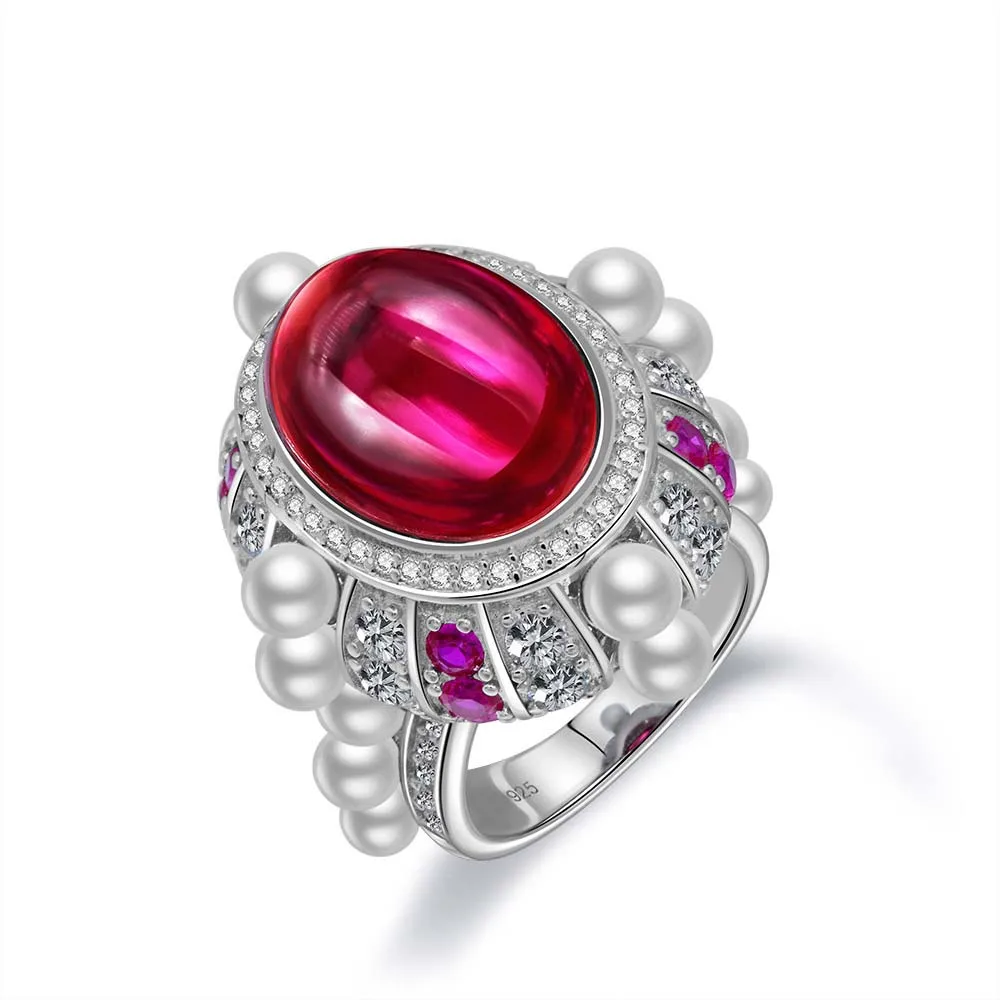 

LUXURY 925 STERLING SILVER RINGS S925 RUBY DIAMOND GEMSTONE PEARL RING FOR WOMEN WEDDING BIJOUX EN PERL ANNIVERSARY JEWELRY