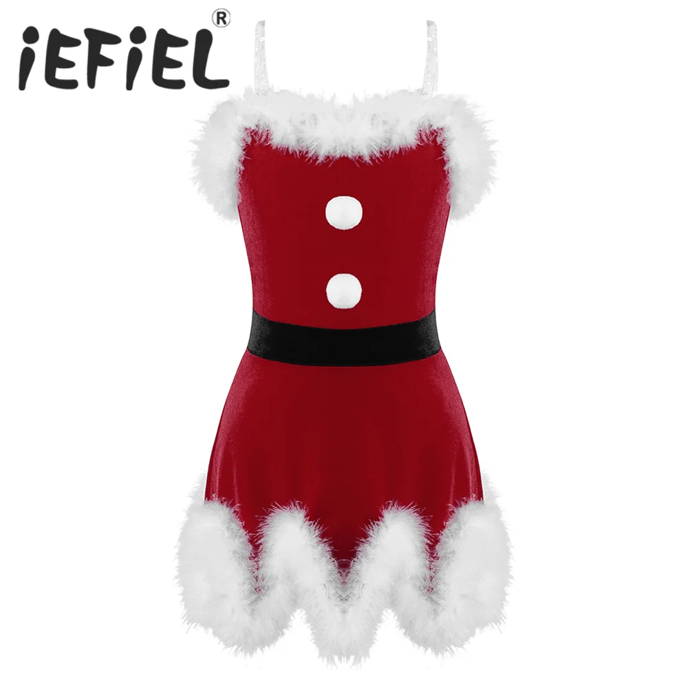 

Kids Girls Christmas Costumes Red Velvet Irregular Hem Cami Dress for Xmas Santa Clause New Year Fancy Party Dress Up Clothes