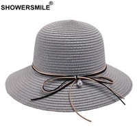 showersmile gray straw sun hat wide brim bowknot beach summer hats for women sun protection travel ladies dome vintage cap