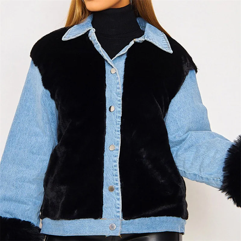 

Winter Clothes Women Lamb Wool Coat Splicing Denim Jackets Streetwear Women Plush Denim Stitching Warm Coat Winter Female Jacket