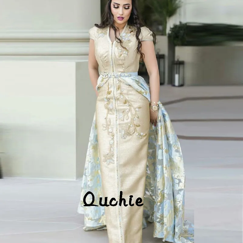 

Champagne Knitting Moroccan Kaftan Evening Dresses Belt Fashion Arabic Special Occasion Formal Party Gown Mother Suits
