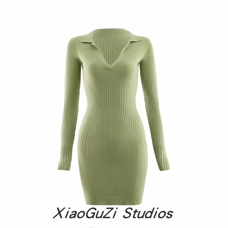 

CMAZ Free Shipping Foreign Trade Exported to Europe and America Ins Long-Sleeved Knitted Sheath Bottom Dress Stretch Tight Polo