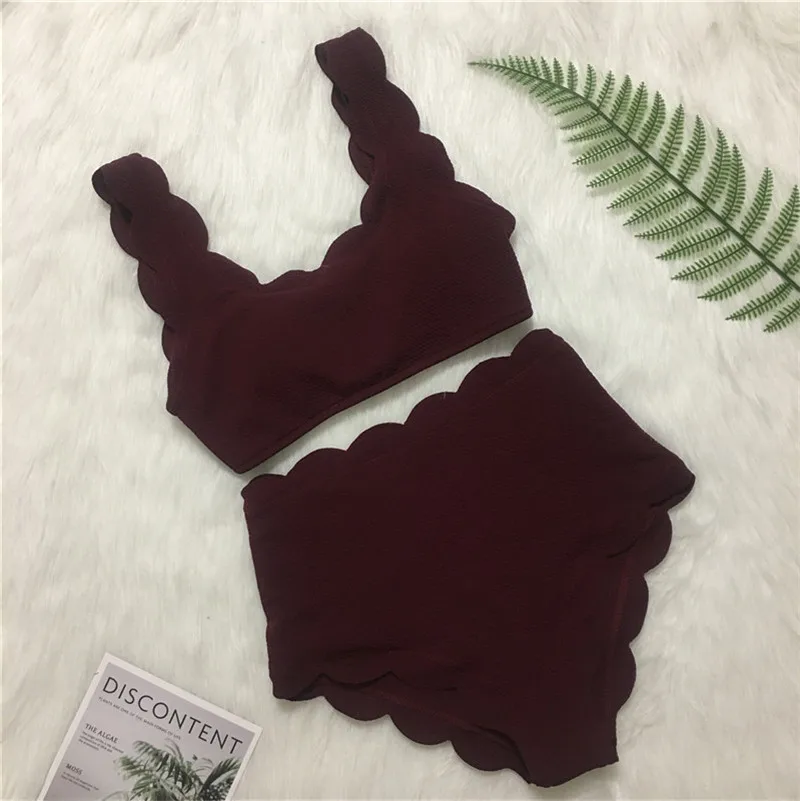

2021 New Women Swimsuit Scalloped High Waist Bikini Set Solid Two Pieces Plus Size Swimwear Biquini Tankini