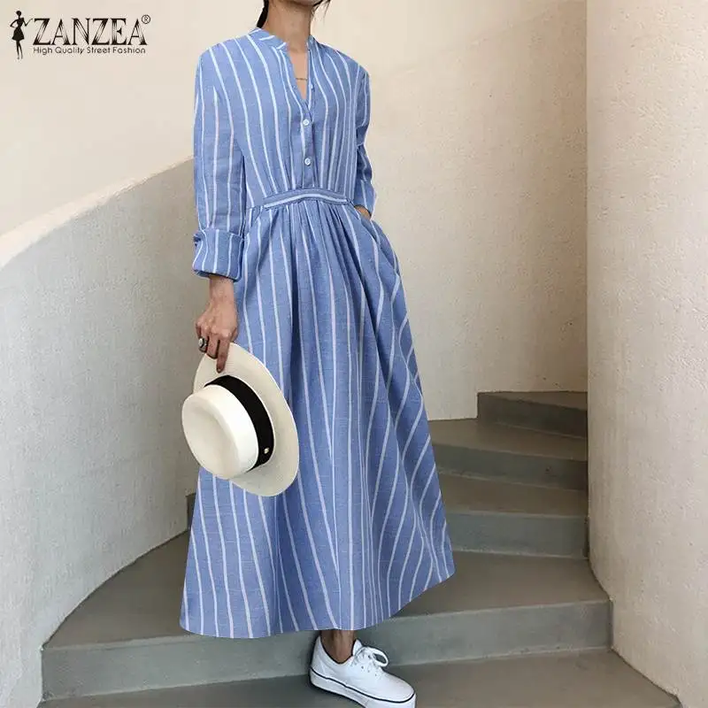 

Женское длинное платье-рубашка, в полоску, с V-образным вырезом и длинным рукавом