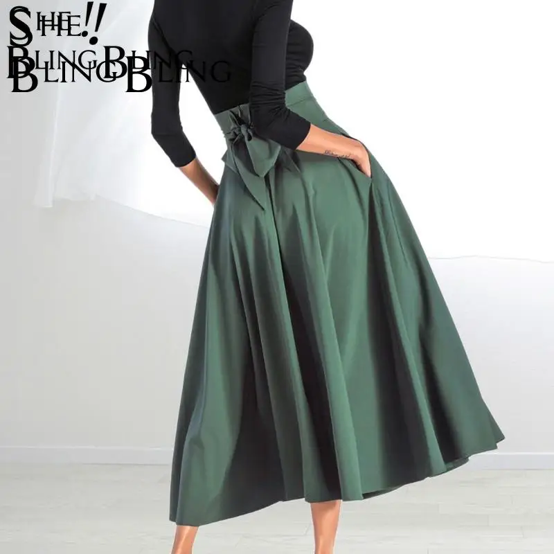 Женская юбка трапеция SheBlingBing однотонная длинная с высокой талией и двумя