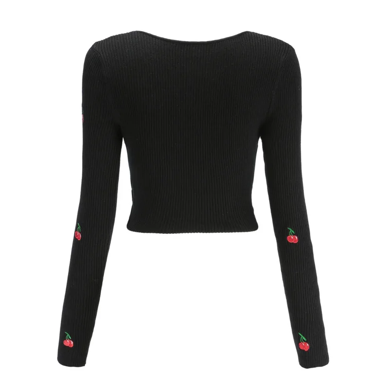 Vintage Cherry Embroidery Short Knitted Sweater Sexy Crossing V Neck Long Sleeve Women Pullovers Autumn Winter | Женская одежда