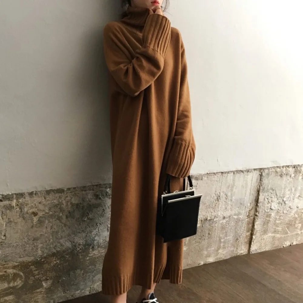 Женское трикотажное платье свитер с высоким воротником корейский Повседневный