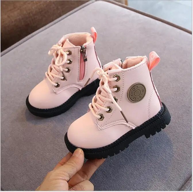 

2021 Autumn/Winter Children Boots Boys Girls Leather Martin Boots Plush Fashion Waterproof Non-slip Warm Kids Boots Shoes 21-30