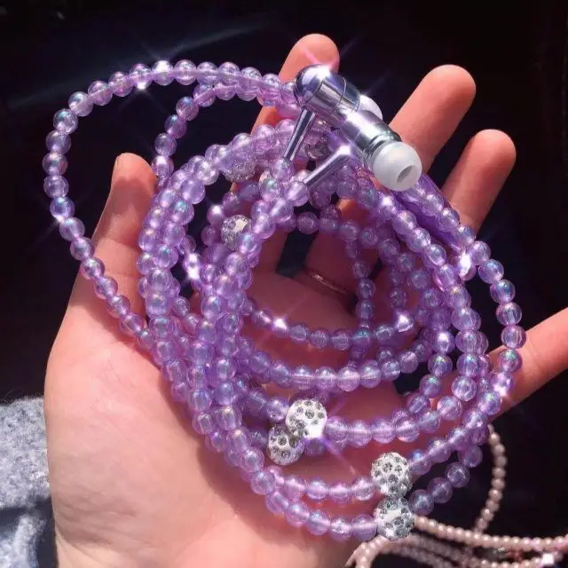 Transparent purple Жемчужное ожерелье с наушниками в уши розовое ожерелье со стразами ювелирные изделия бусы наушники с микрофоном для samsung Xiaomi Brithday подарки для девочек - Цвет: Transparent purple