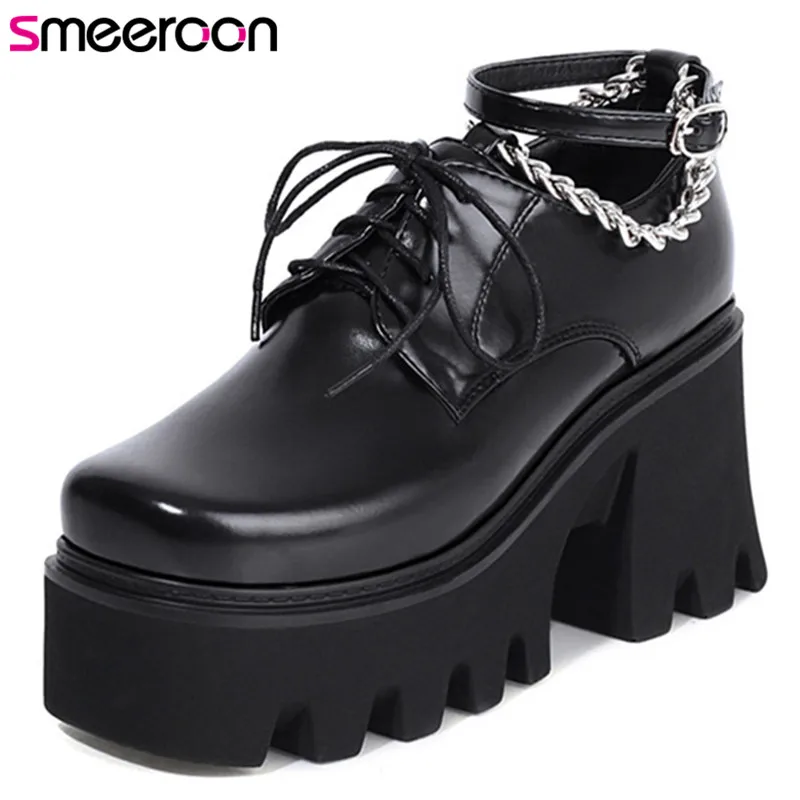 

Smeeroon 2021 New Fashion Punk Shoes Women Pumps Chain Lace Up Popular Cool Casual Shoes Square Heel Platform Shoes Ladies