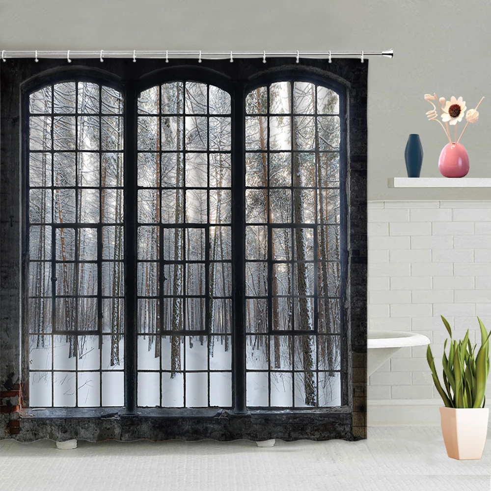 vintage window shower curtain retro nature forest waterfall ocean landscape rustic farm truck bathroom bath curtains decor sets free global shipping