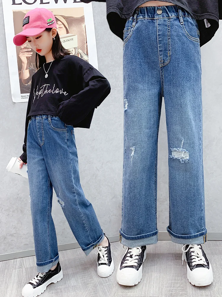 

2021 Spring Autumn New Arrival Wide Leg Jeans Straight Pants High Waist Loose Blue Ripped Pants Fashion Spring Casual Trousers