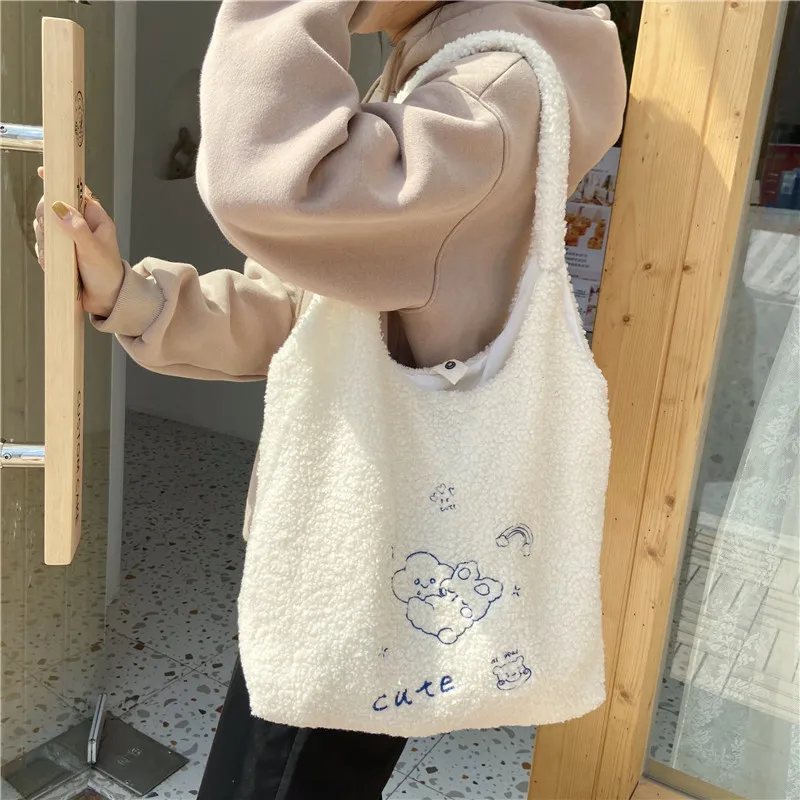 

Canvas Shoulder Bag for Women 2022 Cute Plush Rabbit Fabric Tote Shopper Bag with Print Fluffy Fur Handbags Large Shopping Bags