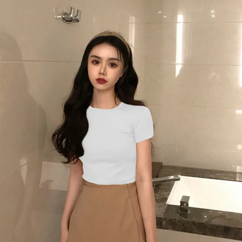 

T Shirts Women 2021 Korean Fashion Short Casual Solid Color Women's Top Cute Skinny Short Sleeve Summer T Shirt For Girls