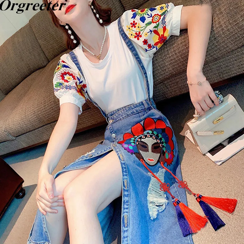 Summer New Chinese Style Exquisite Embroidery Two piece set Women Puff sleeve White Blouse and Denim Suspender Dresses Sets
