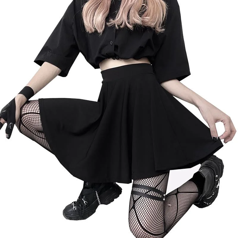 

Юбка женская трапециевидная с завышенной талией, плиссированная мини-юбка в готическом стиле, для танцев в стиле Харадзюку, черная, на лето