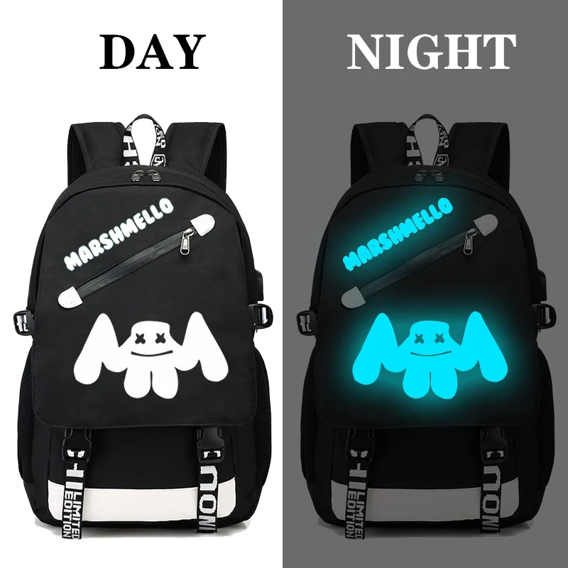 New DJ Marshmellow luminous backpack multifunction USB charging Anti theft for teenagers boys Girls Student School Bag