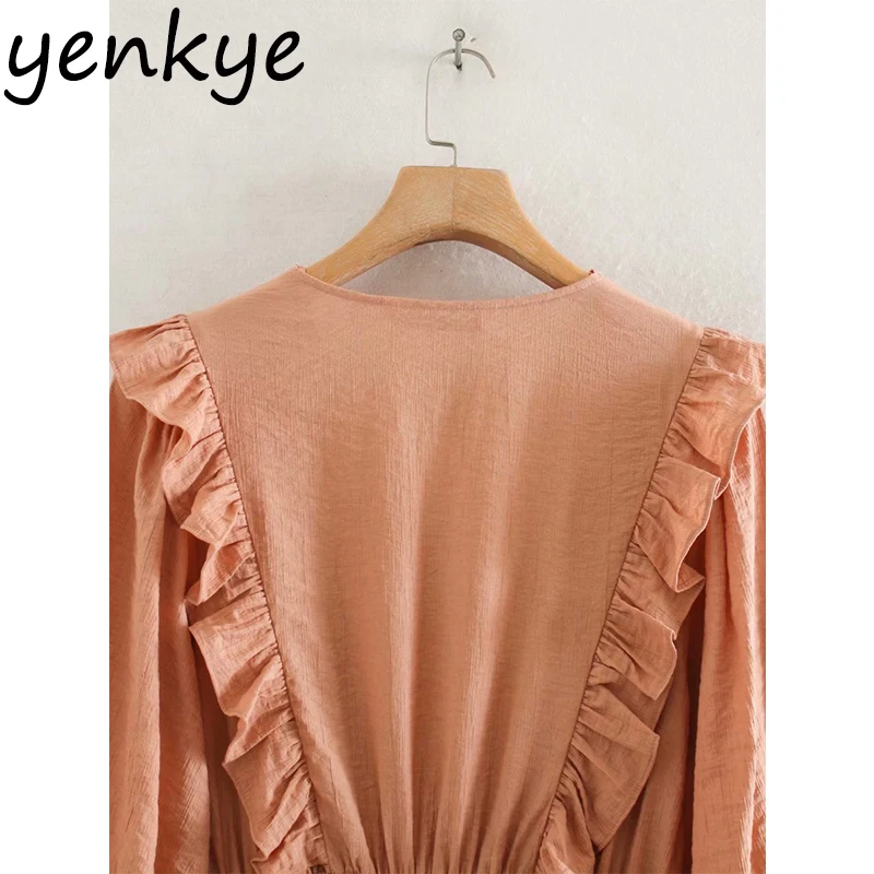 

Fashion 2020 Women Lace Trim Summer Dress Sweet Lady V Neck Lantern Sleeve Ruffle A-line Short Dress Casual OZZ9610