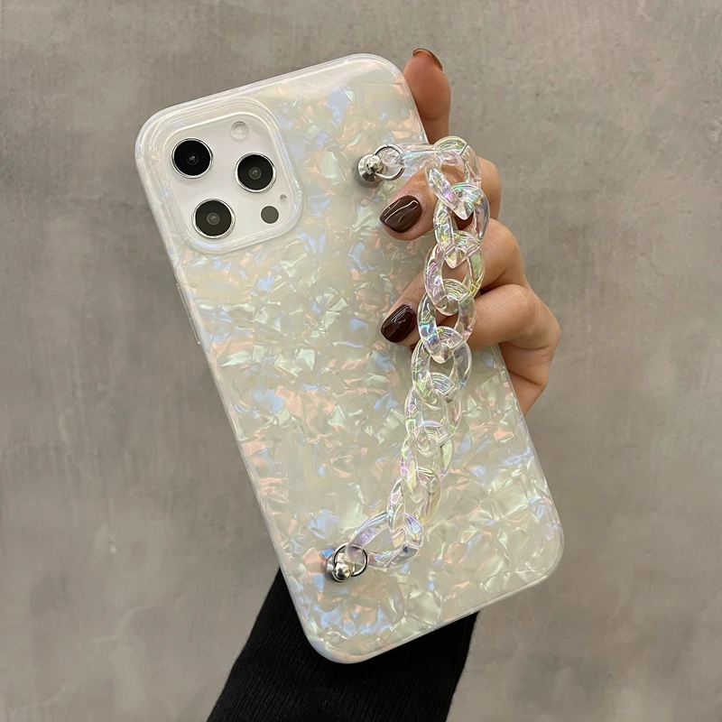 

Luxury Glitter Conch-Veins Chain Phone Case For iPhone 14 13 12 11 Pro X XR Xs Max 8 7 Plus SE Fashion Bling Soft Silicone Cover