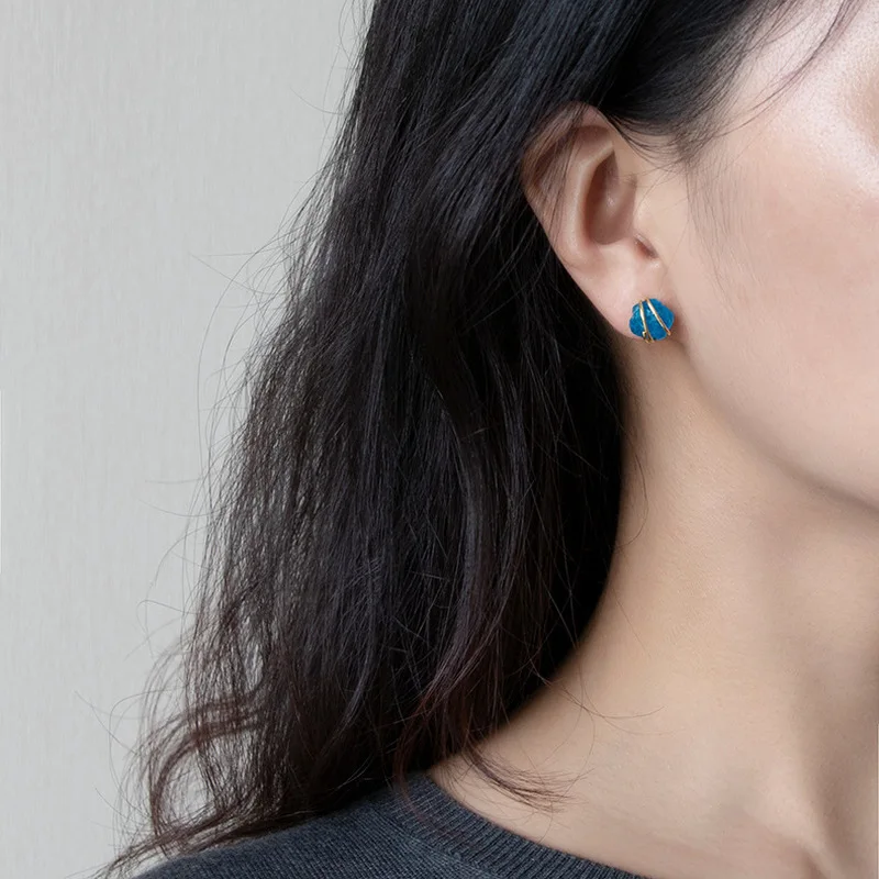 

INATURE 925 Sterling Silver Jewelry Natural Apatite Stone Geometric Stud Earrings for Women