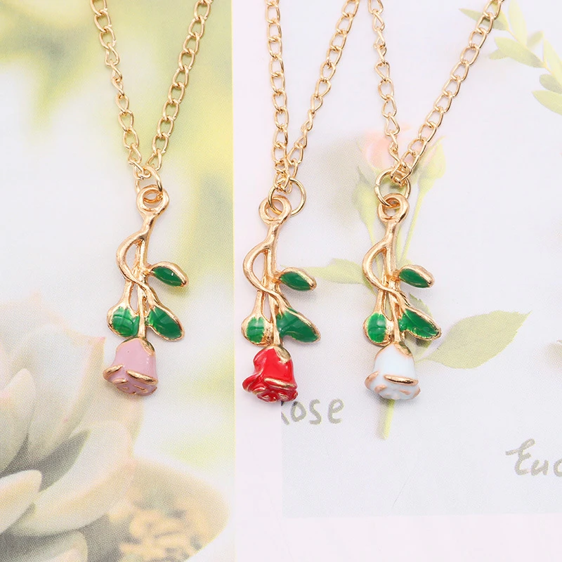 DoreenBeads модный эмалевый кулон для женщин, девушек, розовое золото, красный цветок розы, кулон 50 см(19 5/")-45 см(17 6/8"), длинный 1 шт