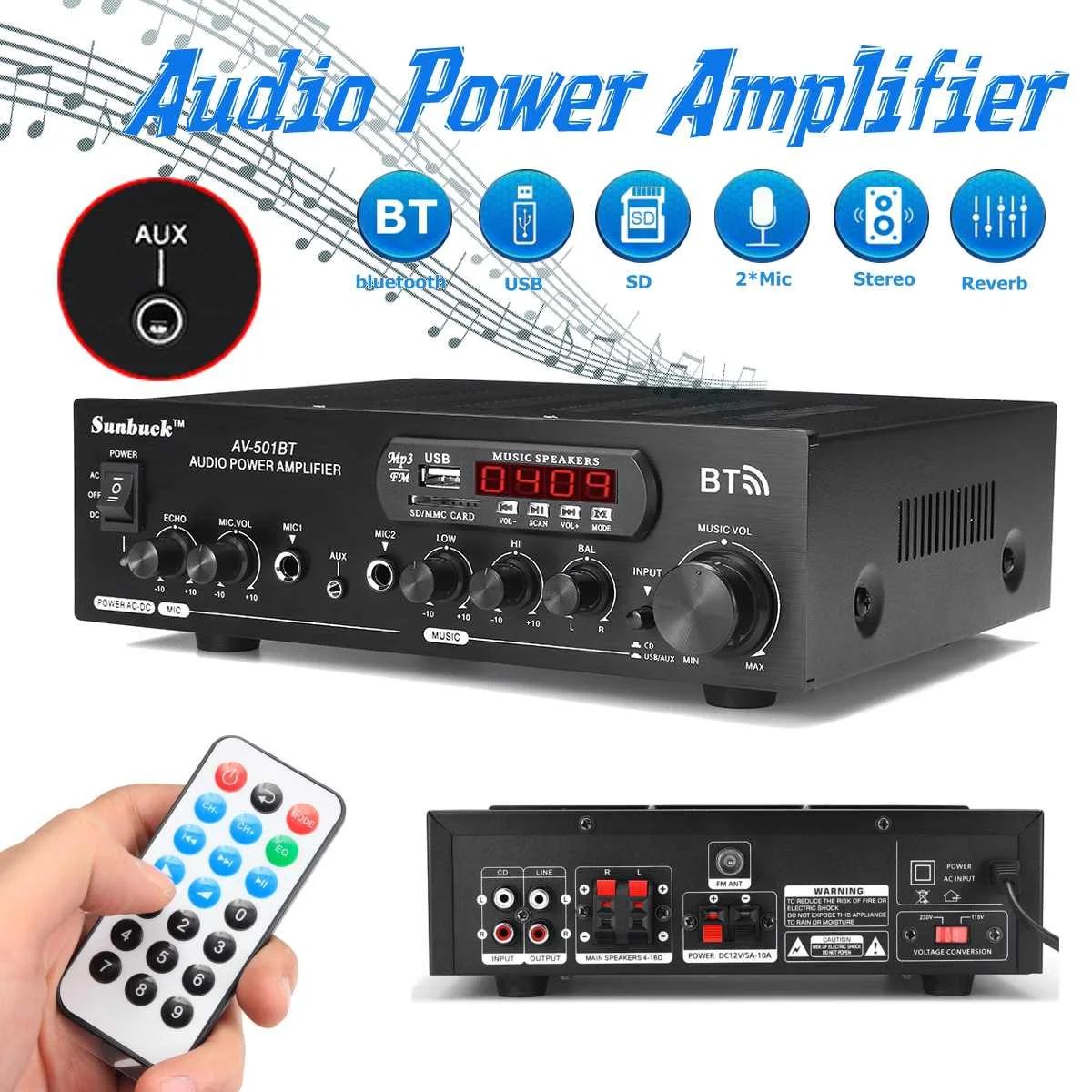 Bluetooth 2,0 Hi-Fi 1200W 220 V/110 V аудио усилитель мощности динамик 4 микрофон Пульт дистанционного управления Поддержка цифровой FM радио USB SD карты 2 входной сигнал Mic