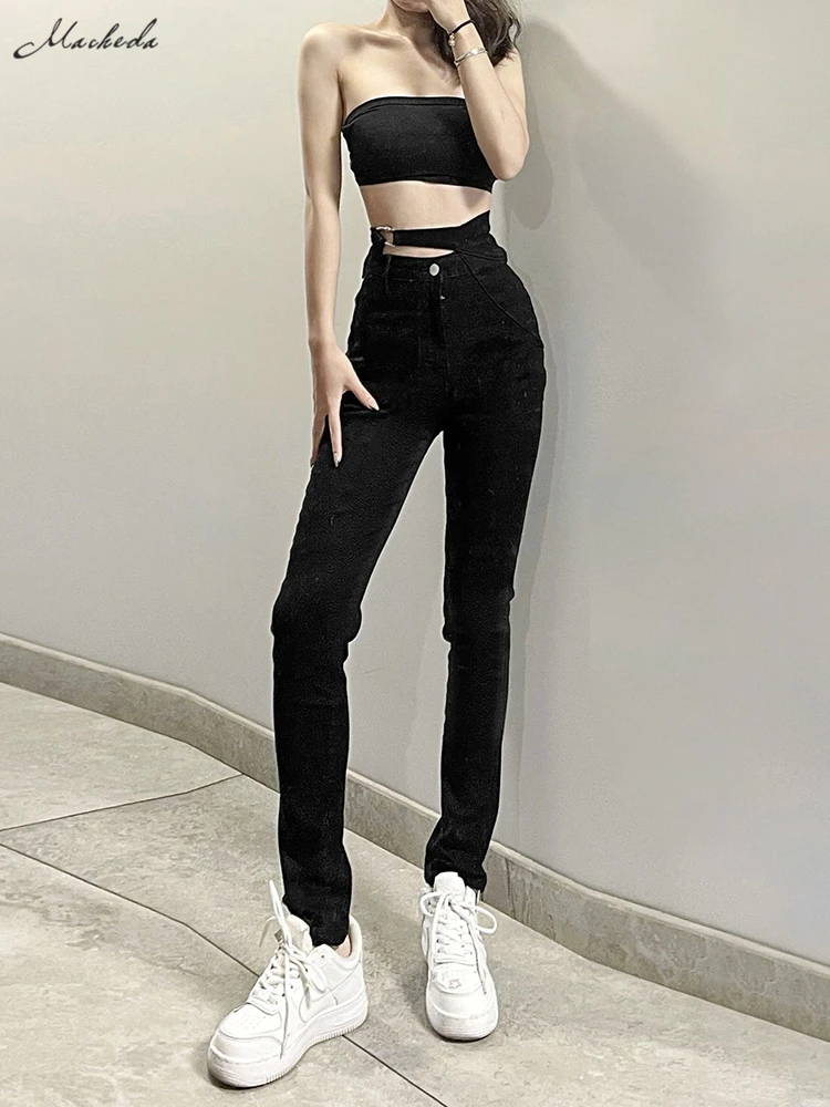 

Macheda Autumn slim stretch high waist women's trousers waist hollow-out thin trend women's trousers street casual versatile