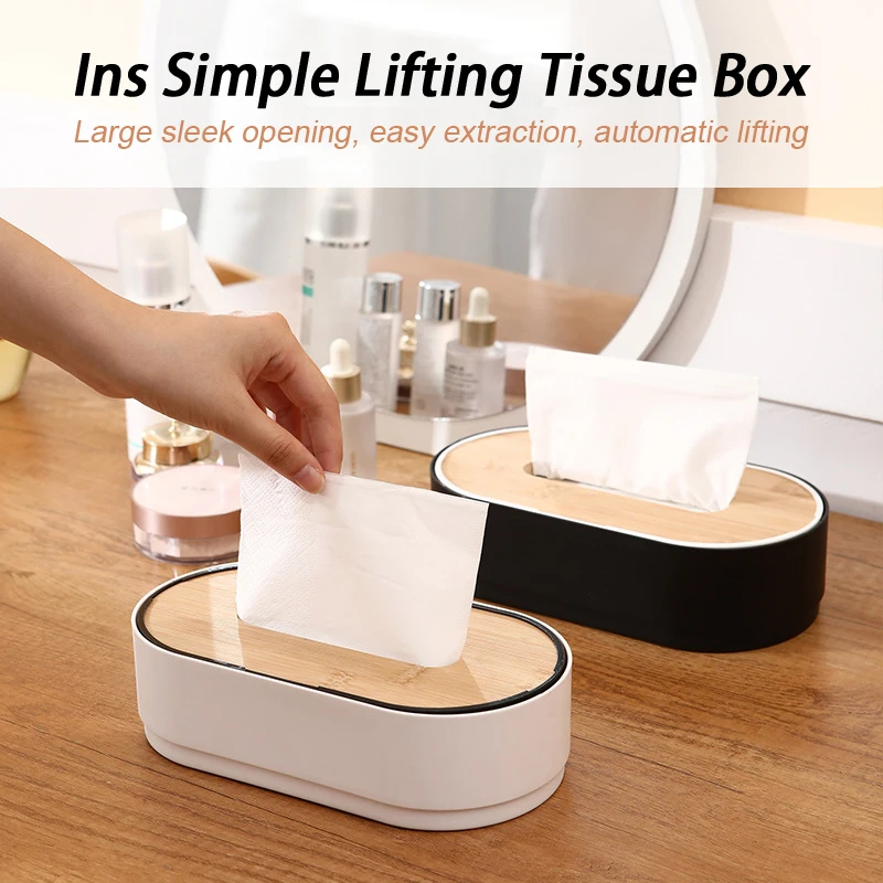 

Tissue Storage Box Case Automatic Lifting with Wooden Lid for Home Office