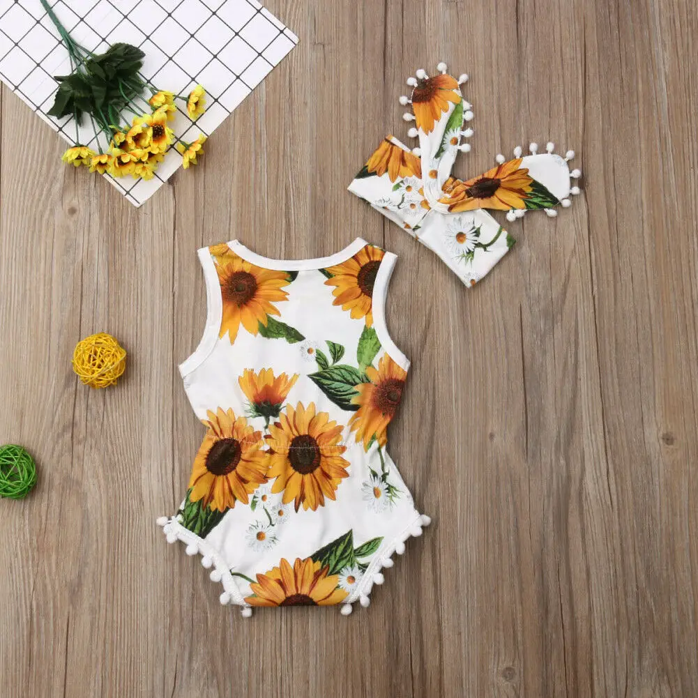 2019 летняя одежда для малышей Одежда маленьких девочек боди с подсолнухами