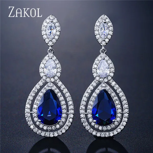 Blue ZAKOL блестящие висячие серьги в виде капли воды с фианитами для невест, модные свадебные ювелирные изделия с кристаллами, Brinco FSEP2313 - Окраска металла: Blue
