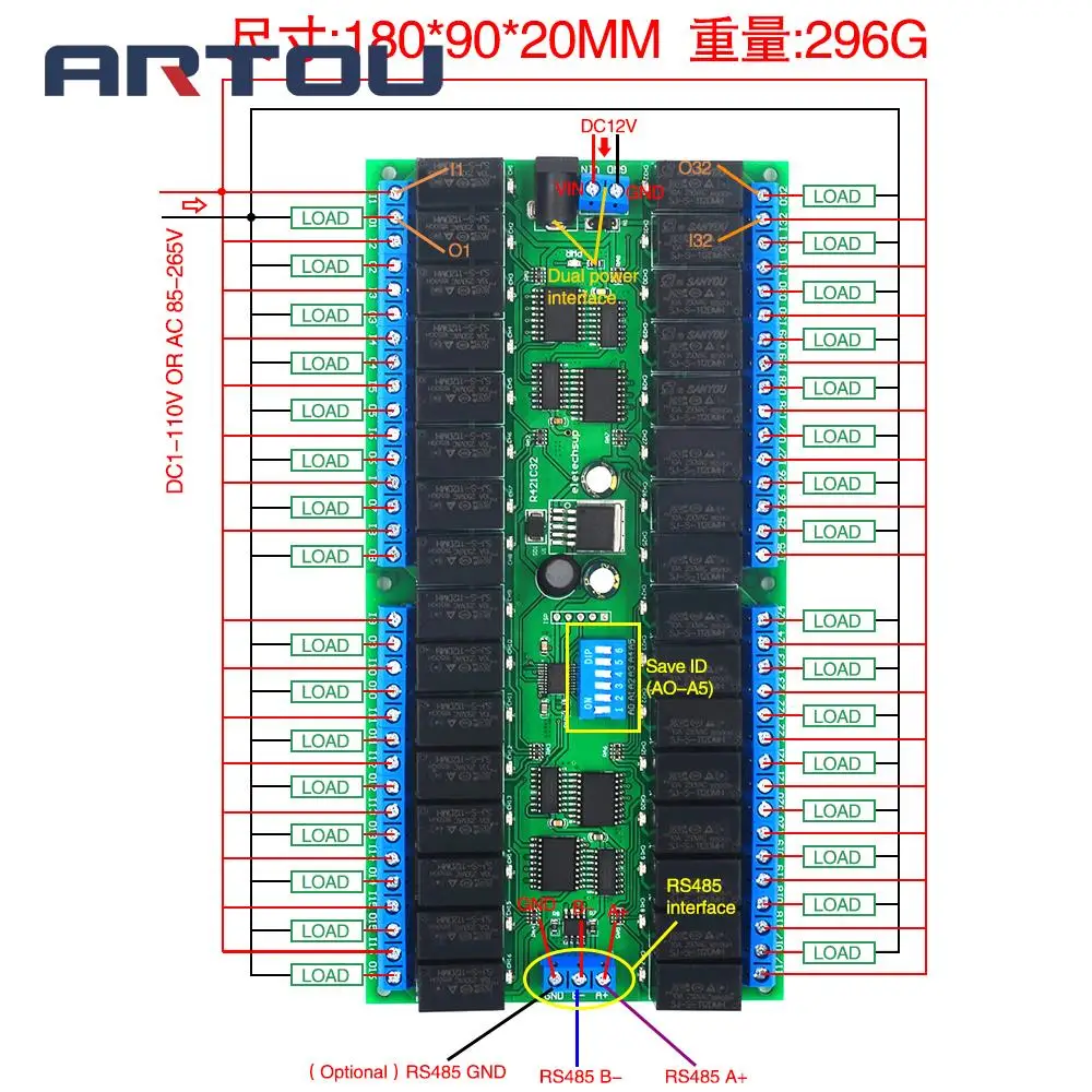 12V 32 канальный RS485 реле Modbus RTU серийный пульт дистанционного управления ПЛК