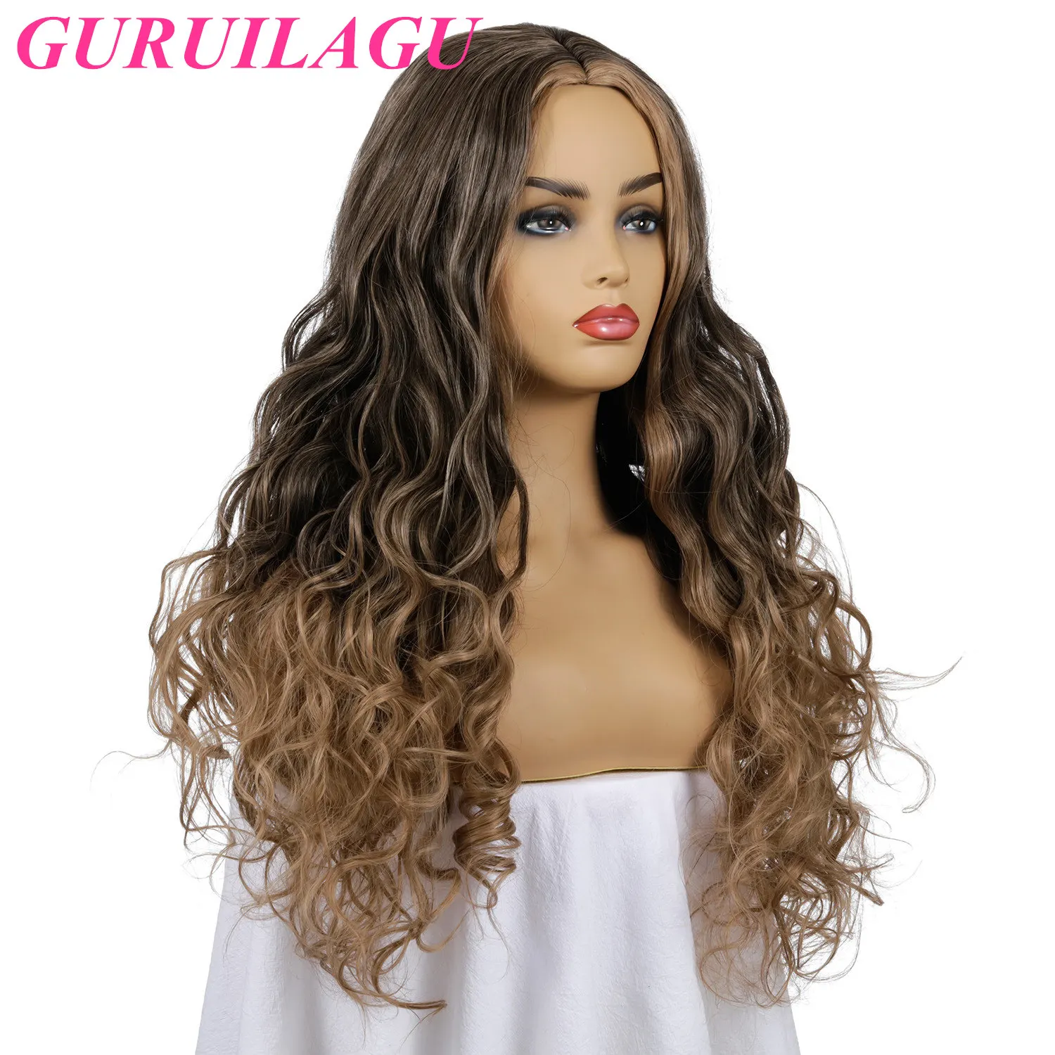 

GURUILAGU Synthetic Wigs For Women Long Wter Wave Ombre Brown Wigs for Black Women Middle Part Natural Wig Heat Resistant Fiber