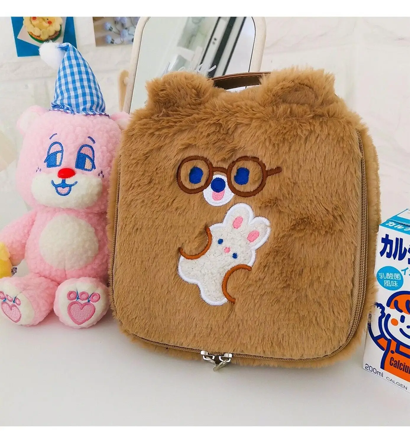 

Flannel Bear Cosmetic Bag Cute Embroidery Plush Storage Bag Kawaii Student Large Capacity Pencil Case Korea Fashion Pen Box