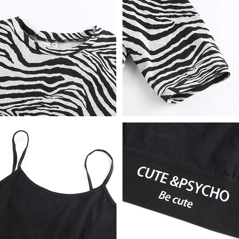 

Streetwear Zebra Print Crop Sweat Suits Sweatshirt And Strap Letter Camis Top Two Piece Set 2021 Tracksuit Women Outfits Female