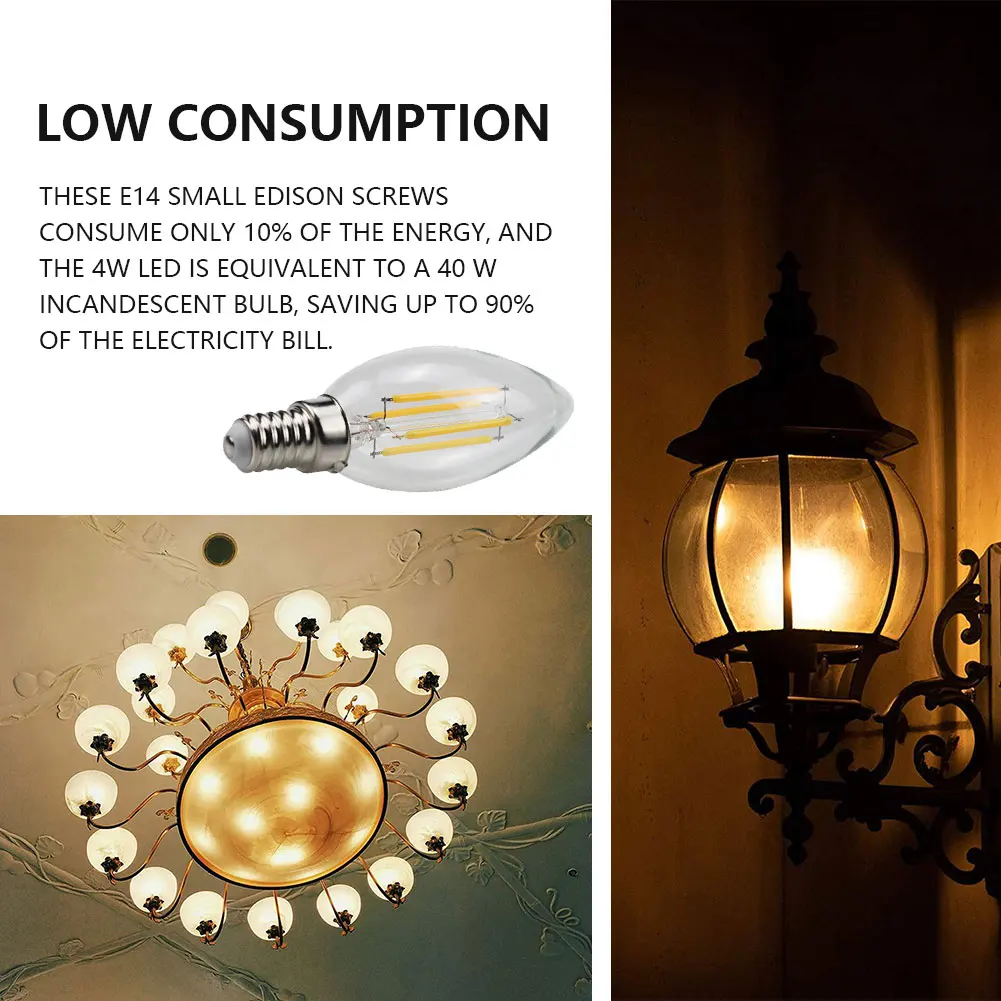 

10PCS LED Filament Bulbs E14 4W 110V Non-Dimmable Edison Screw Light Bulbs Candle Bulb Edison LED Light Bulbs For Home Kitchen