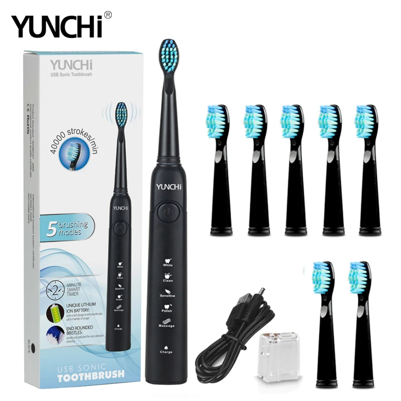 Black conbination Звуковая электрическая зубная щетка, USB перезаряжаемая зубная щетка для взрослых с таймером, 5 режимов с сменными головками+ 5 головок в подарок - Цвет: Black conbination