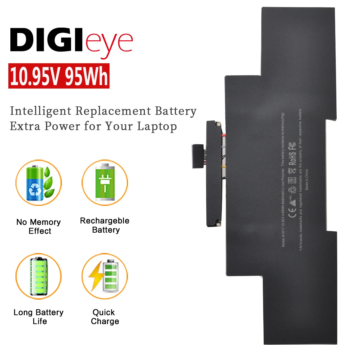 

95Wh 10,95 V A1417 Аккумулятор для MacBook Pro 15 дюймов Retina A1398 (Mid 2012 ранние 2013), подходит для MC975LL/A MC976LL/A ME664LL/A ME665LL