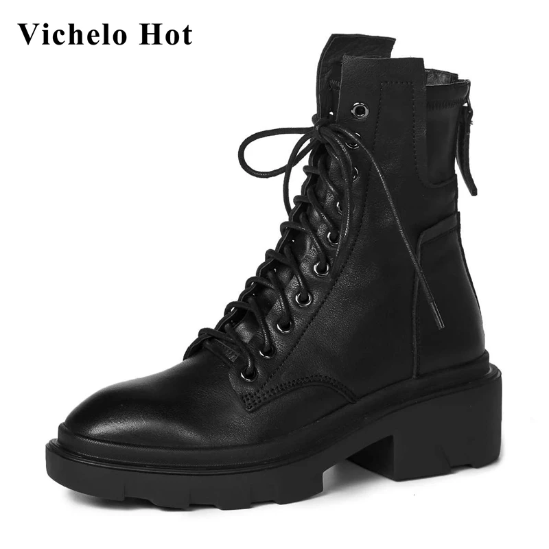 

Vichelo/Лидер продаж; Зимние однотонные ботильоны из натуральной кожи с круглым носком на высоком каблуке в сдержанном стиле с перекрестной шн...