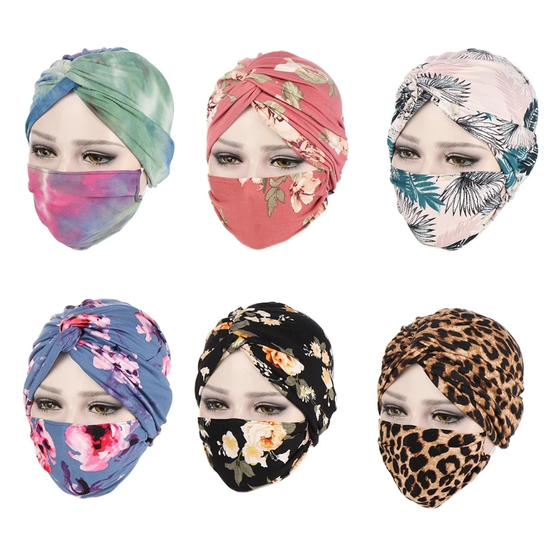 

2pcs Twisted Muslim Headscarf +Mask Set Sleeping Turban Hat Women Inner Hat L5YB