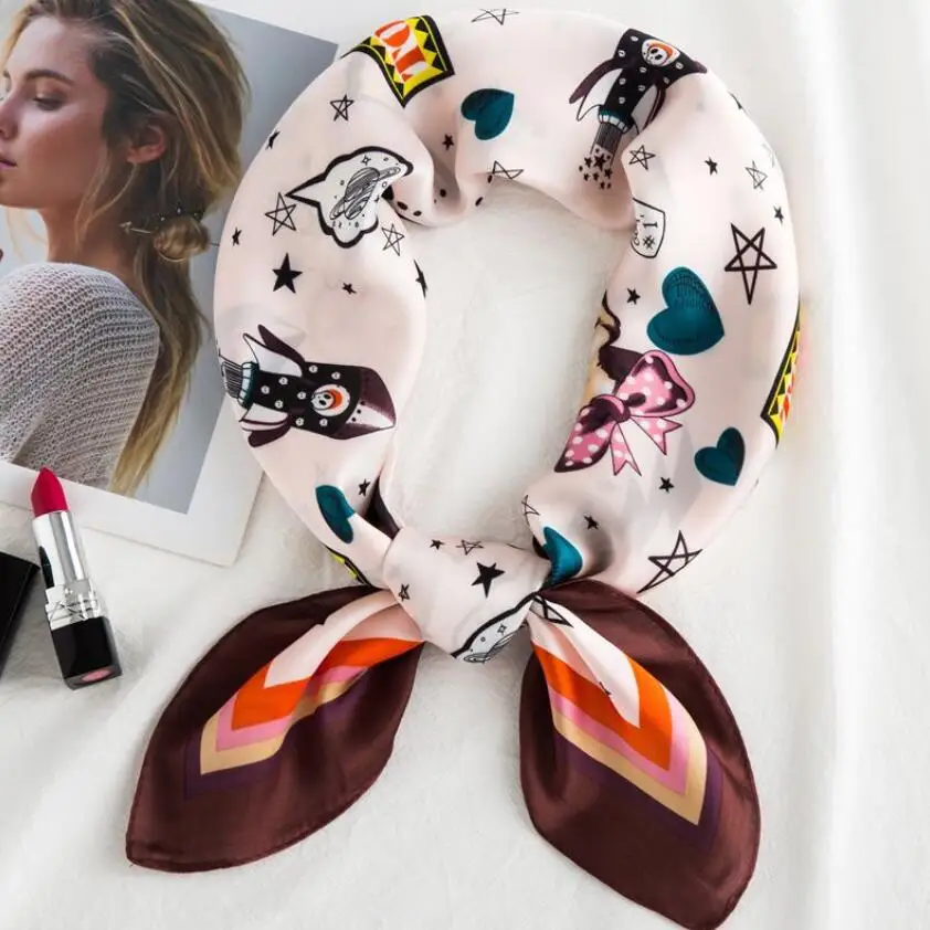 Женский квадратный шарф с мультяшным принтом шейный платок звезд и букв для