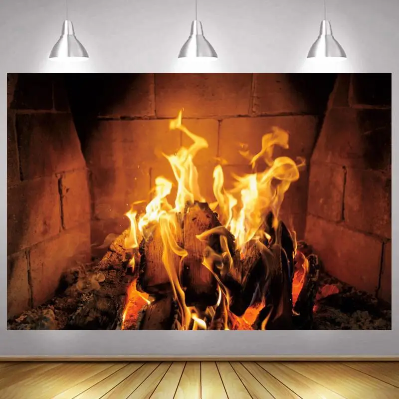 

Wood Fasle Fire Noel Photo Backdrop Flam Brick Happy Party Decor Fireplace Winter Photography Backgrounds Banner