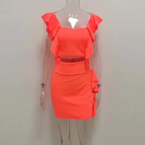 Orange JillPeri/Летний неоновый зеленый расклешенный короткий топ и юбка без рукавов комплект из 2 предметов, шикарный однотонный наряд с оборками, повседневный праздничный микро-комплект из 2 предметов - Цвет: Orange