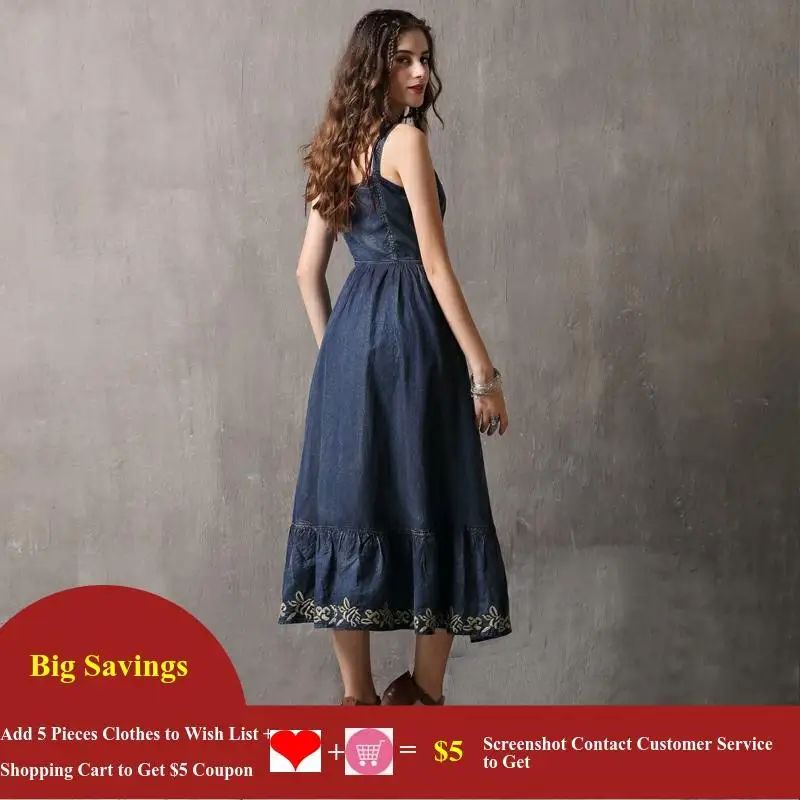 Винтажное повседневное джинсовое платье с цветочной вышивкой летнее женское