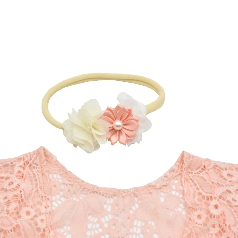 Accesorios de fotograf&iacute;a reci&eacute;n nacido, Pelele de manga larga con cuello de una l&iacute;nea de encaje, accesorios para el cabello de perlas, 2/set-4