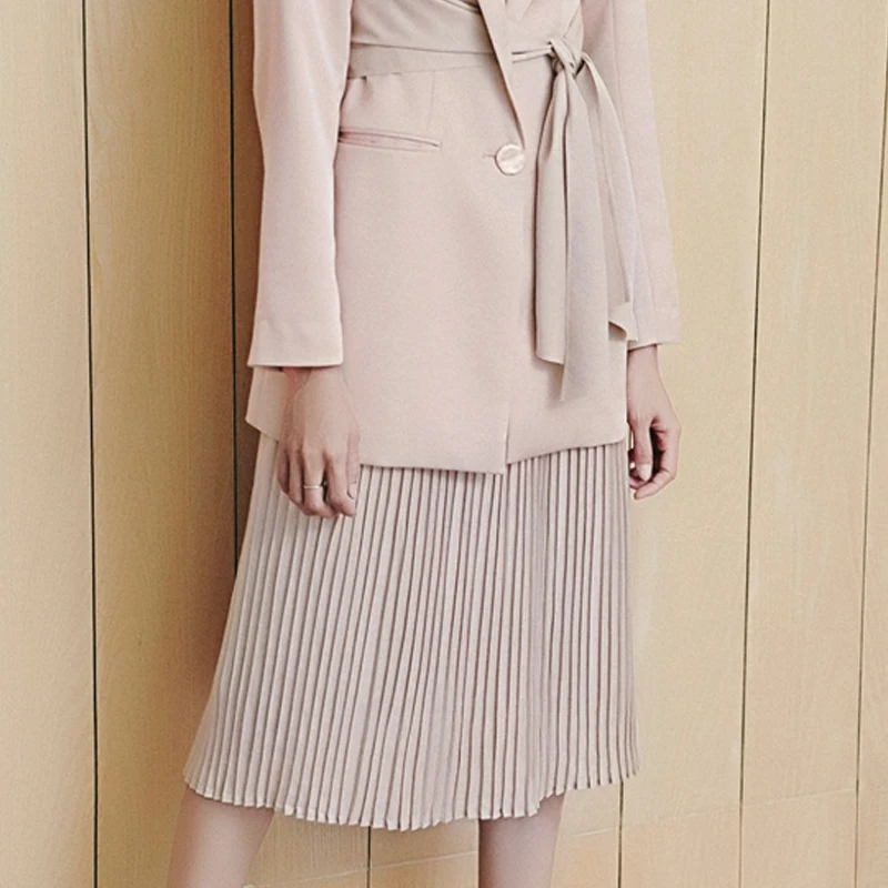 Max Spri 2019 New Vintage Deep V Long Sleeve Blazer With Belt Pleated Skirt Slim Office Lady Suit Fashion Women Two Piece Sets | Женская